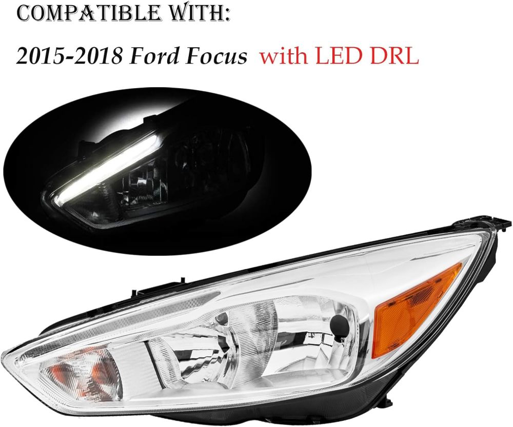 Headlights Assembly compatible with 2015-2018 Ford Focus with LED DRL, Chrome Housing clear Corner