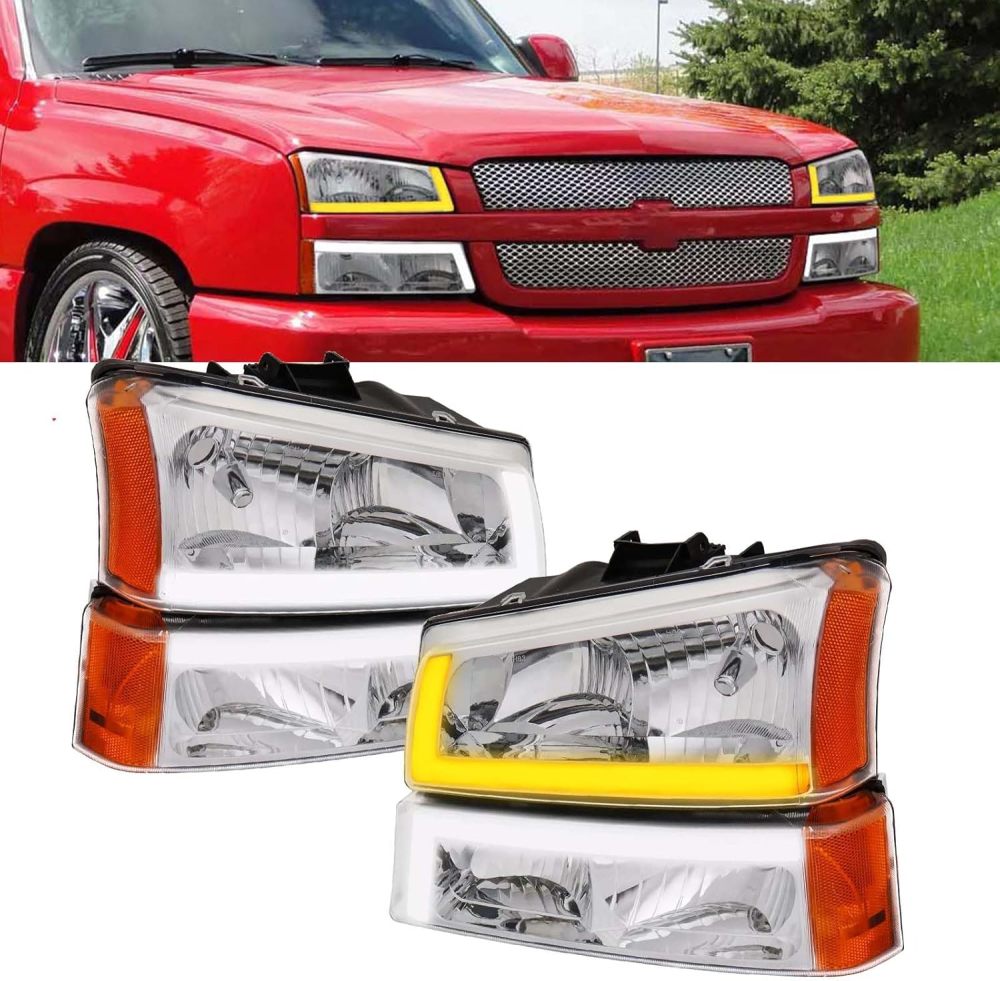 Headlights Assembly w/LED DRL compatible with 2003 2004 2005 2006 Chevy Silverado 1500 2500 3500, 03-06 Avalanche (No Cladding only), w/Sequential Tun Signal