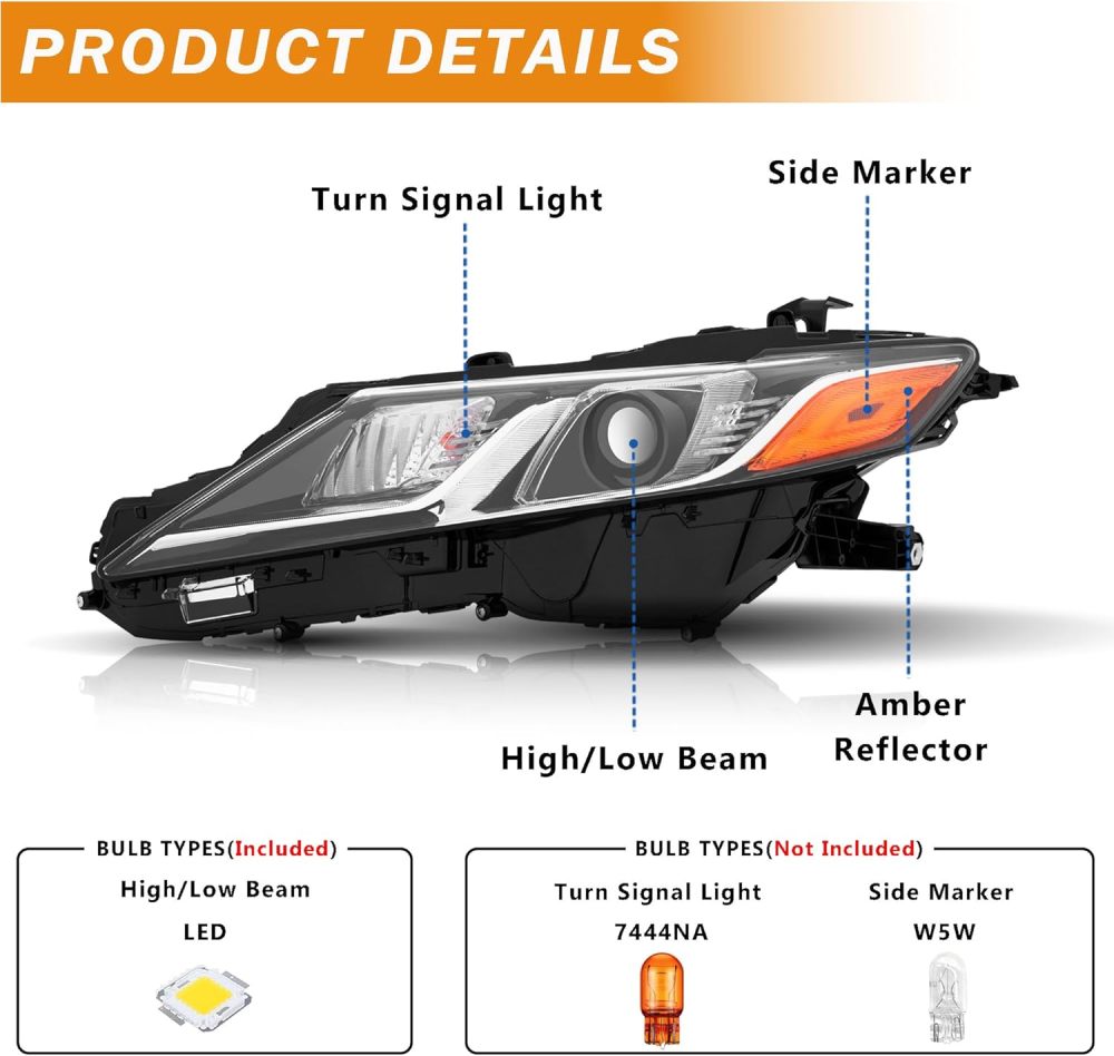 Headlights Assembly Compatible with 2018 2019 2020 2021 2022 2023 2024 Toyota Camry L LE SE Headlamps Driver and Passenger Side, Chrome Housing Amber