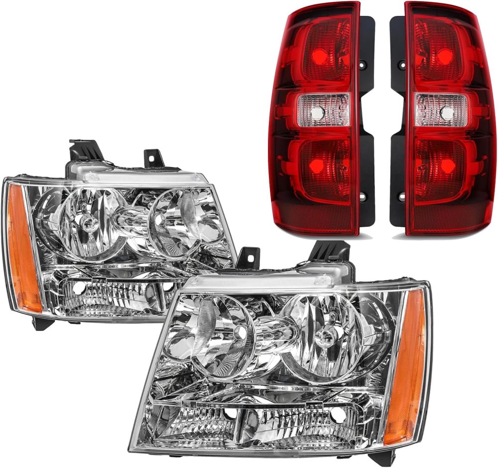 Headlights Tail Lights Assembly Kits Replacement for 2007-2014 Chevy Tahoe,07-13 Suburban, chrome Housing Headlights w/OE Style Taillights Rear Brake Lamp