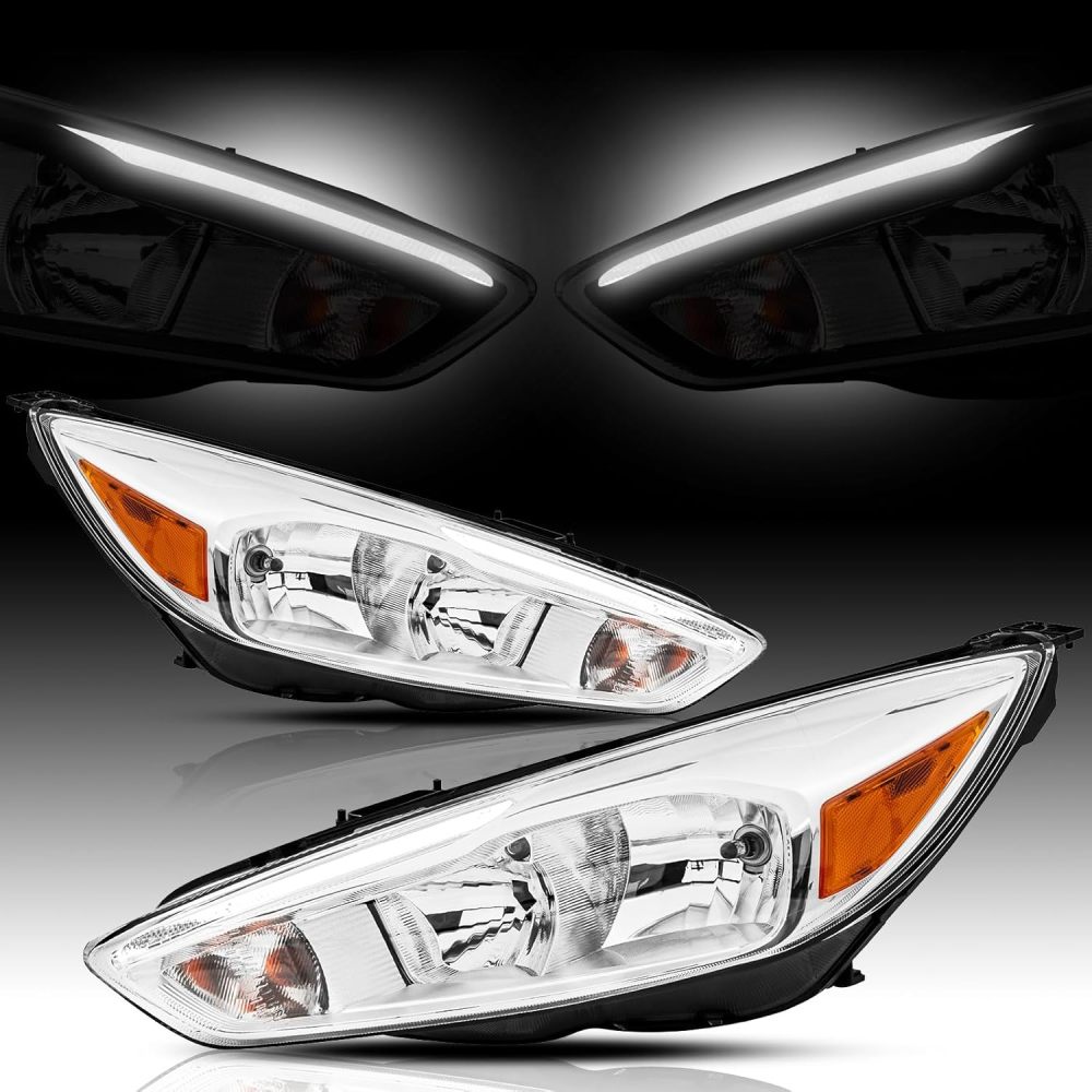 Headlights Assembly compatible with 2015 2016 2017 2018 Ford Focus Halogen Model Upgraded to DRL Style, Chrome Housing