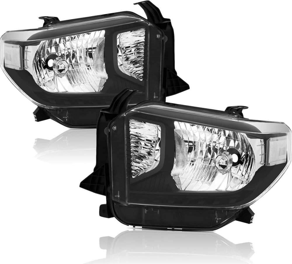 Headlights Assembly compatible with 2014 2015 Toyota Tundra Halogen Headlamp without Level Adjuster,Black Housing Clear Corner