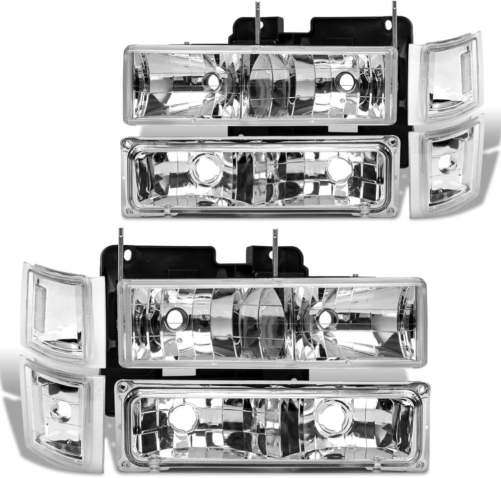 Headlights Assembly compatible with1994-1998 Chevy C/K Series C1500 C2500 C3500 K1500 K2500 K3500 Silverado Suburban Tahoe Halogen Head lights Headlamp, Chrome Housing Clear
