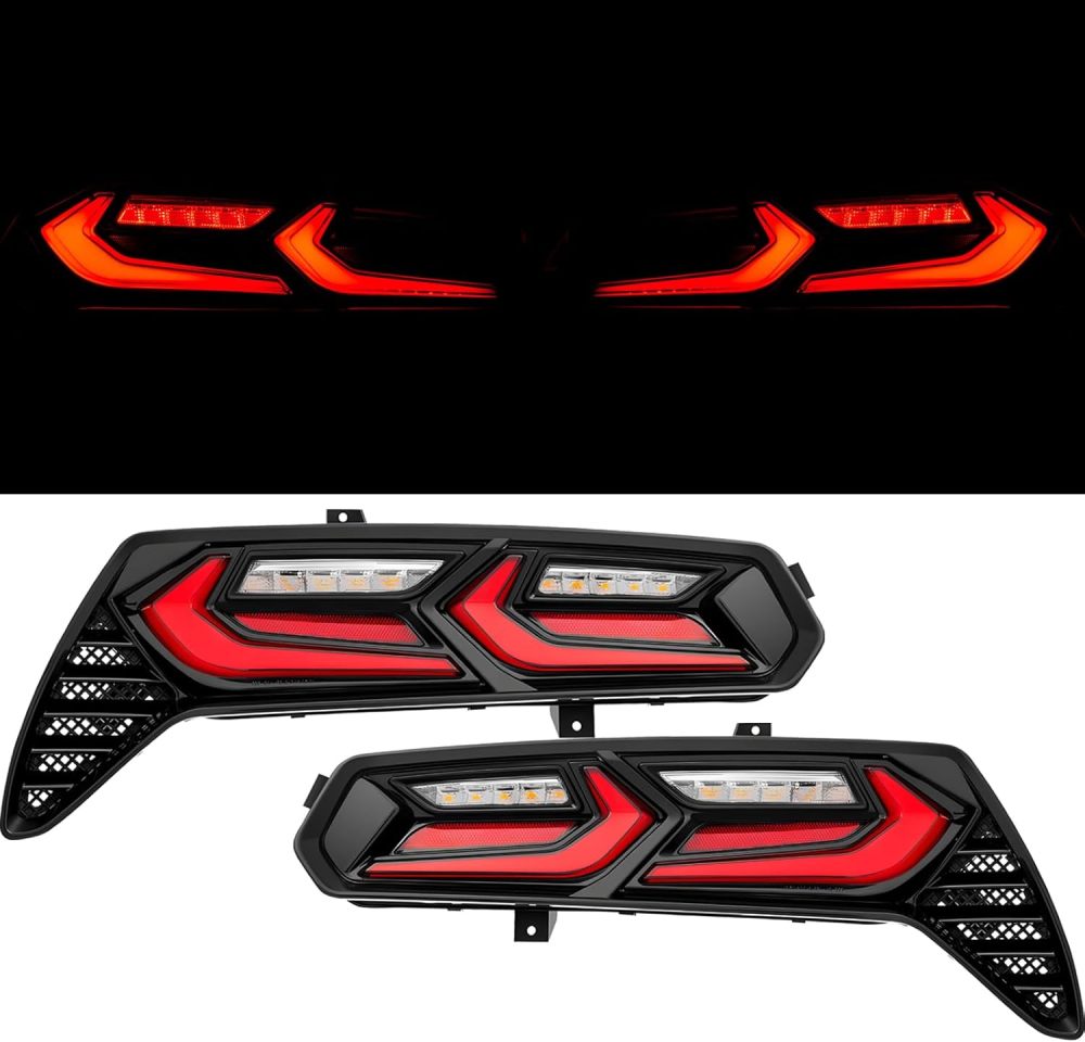 Tail Lights Assembly Compatible with 2014 2015 2016 2017 2018 2019 Chevy Corvette C7 Taillights Rear Brake Light w/LED Sequential Turn Signal, C8 Style,Red