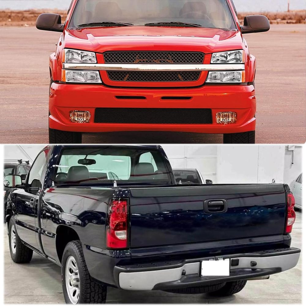 Headlights Tail Lights Assembly Combo Compatible with 2003-2006 Chevy Silverado 1500 2500 & HD Models, Chrome Housing Amber Side Headlamp + Taillight Rear Brake Lamp