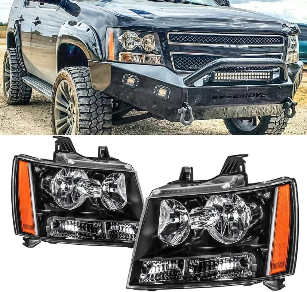 Headlights Assembly w/Bulbs & Wiring Harness compatible with 2007-2013 Chvey Tahoe Avalanche Suburban, Black Housing Amber