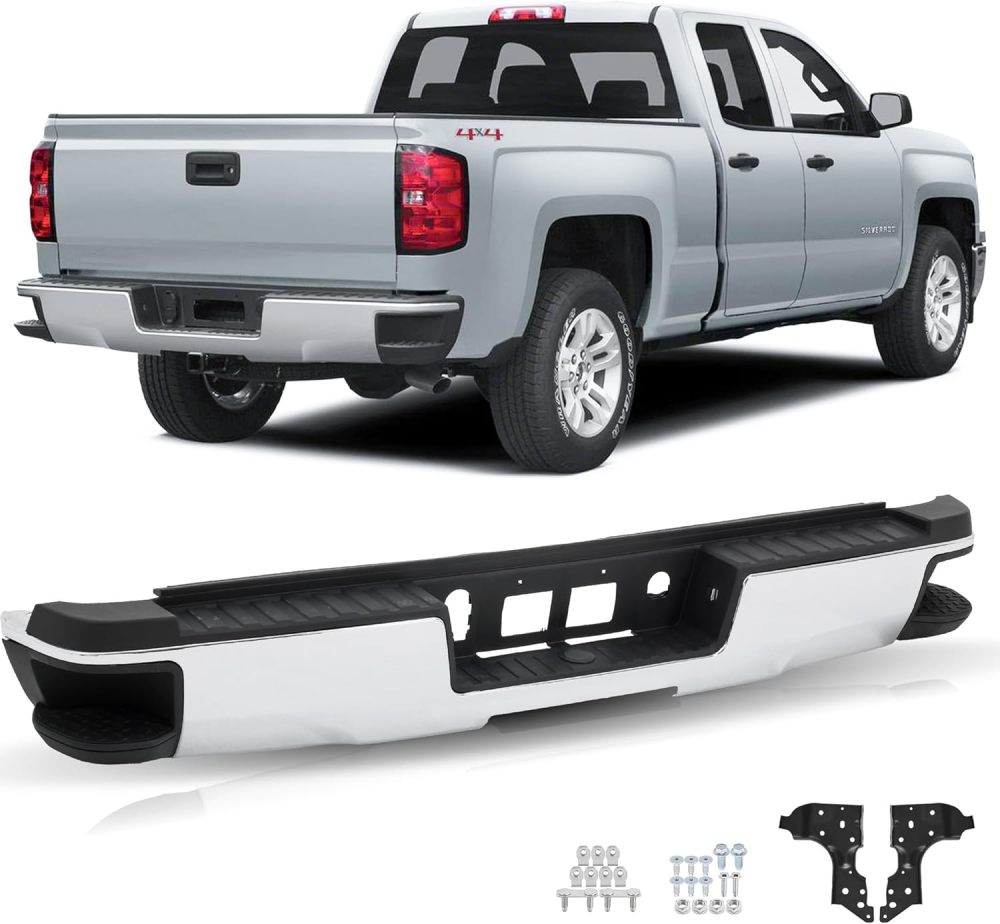 Rear Bumper Step Bumper Assembly Compatible with 2014-2018 Chevy Silverado GMC Sierra 1500 NON SENSOR Hole, Carbon Steel Chrome