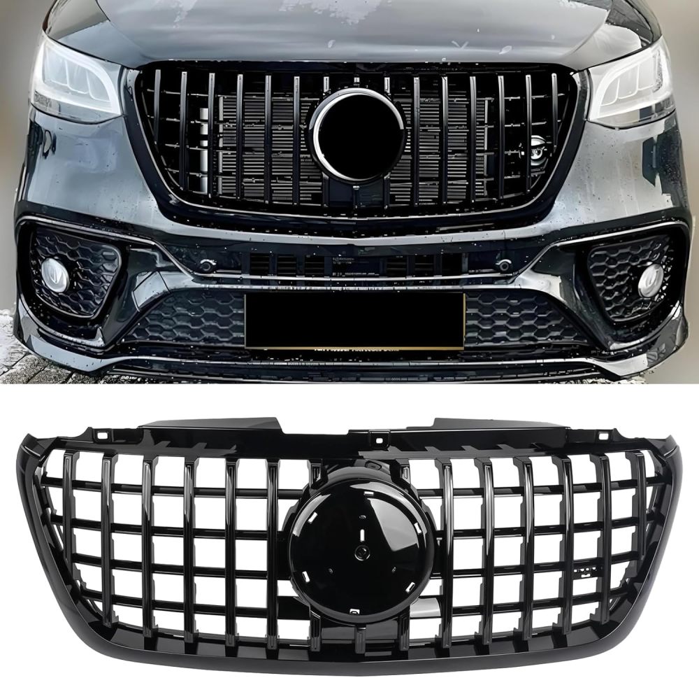 Front Bumper Grill Upper Grille compatible with 2018 2019 2020 2021 2022 2023 Mercedes Benz Sprinter 1500 2500 3500 W907,Gloss Black
