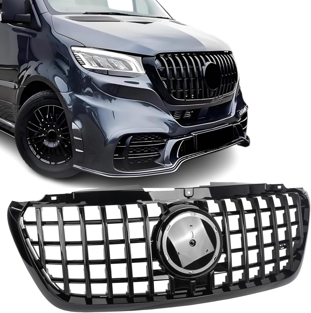 Front Bumper Grill Upper Grille compatible with 2018 2019 2020 2021 2022 2023 Mercedes Benz Sprinter 1500 2500 3500 W907,Gloss Black