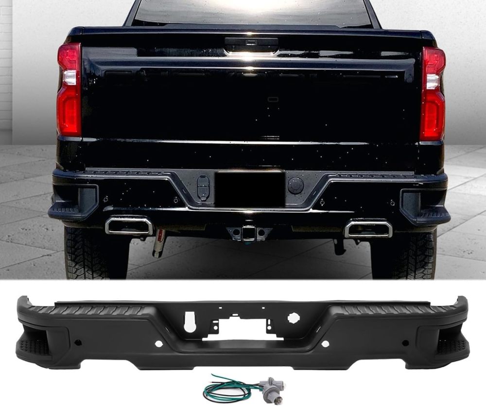 Rear Bumper Step Bumper compatible with 2019 2020 2021 2022 2023 Chevy Silverado 1500 GMC Sierra 1500 w/Sensor Hole & Dual Exhaust Tips, Black Texture Surface