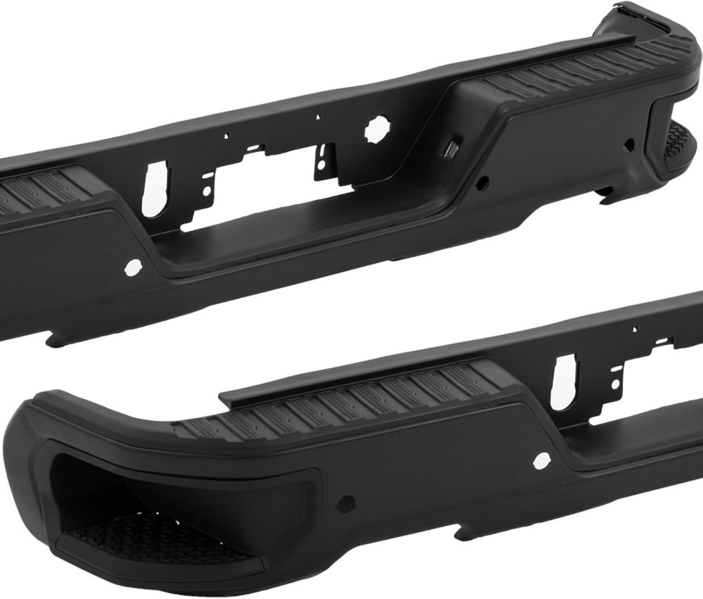 Rear Bumper Step Bumper compatible with 2019 2020 2021 2022 2023 Chevy Silverado 1500 GMC Sierra 1500 w/Sensor Hole & Dual Exhaust Tips, Black Texture Surface