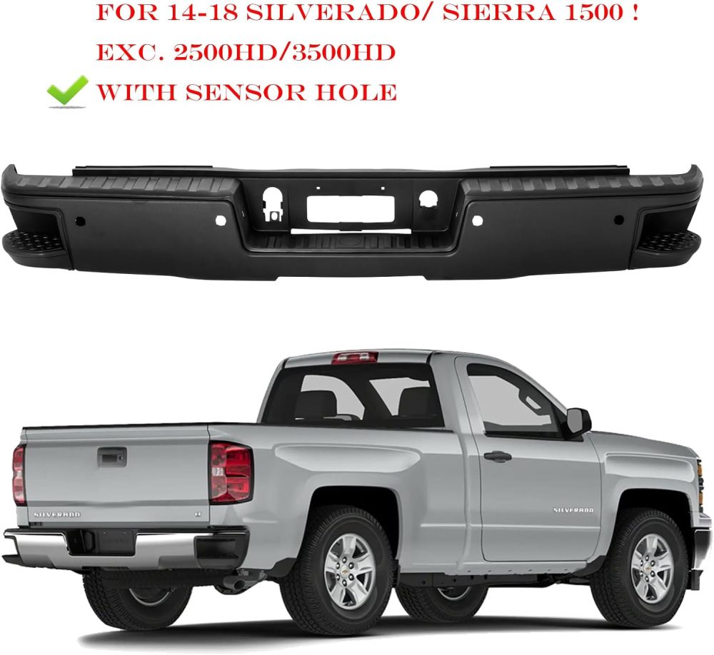 Rear Bumper Assembly Compatible with 2014-2018 Chevy Silverado GMC Sierra 1500 W/SENSOR Hole Carbon Steel,Texture Black