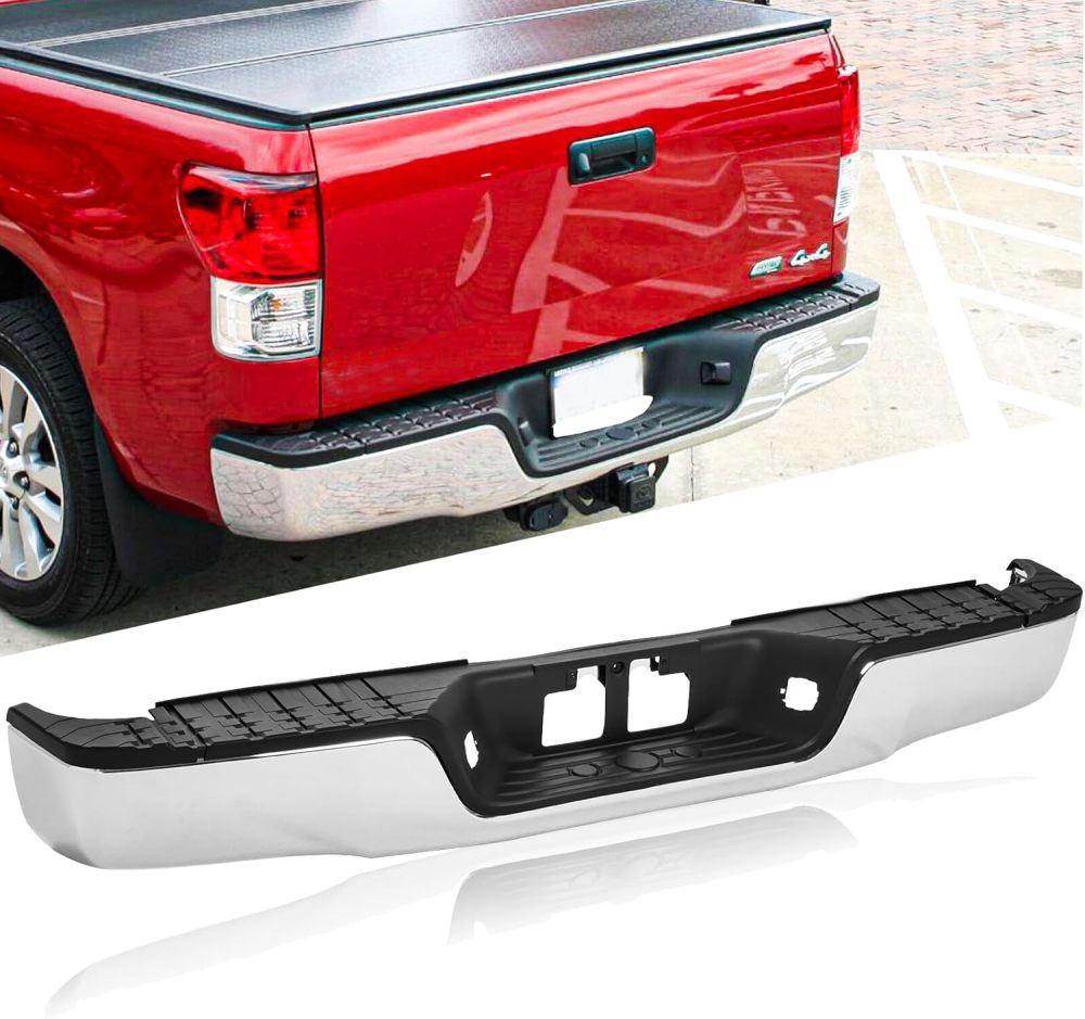 Rear Step Bumper Assembly compatible with 2007-2013 Toyota Tundra without Parking Sensor Hole, Chrome