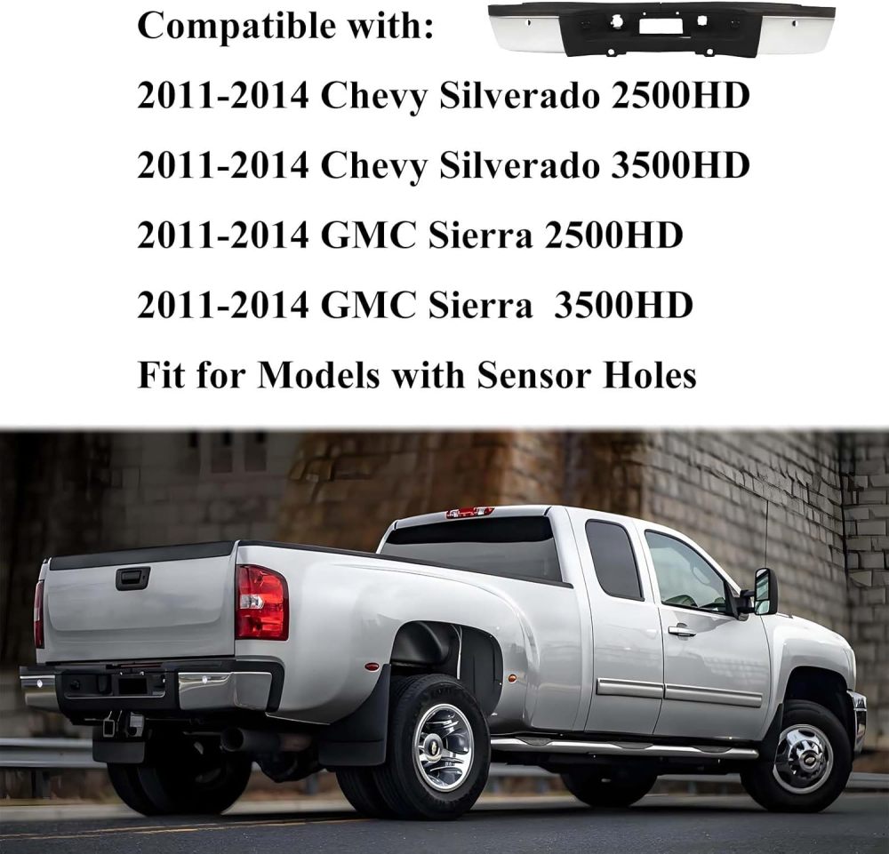 Rear Bumper Assembly Compatible with 2011-2014 Chevy Silverado 2500 HD 3500 HD 11-14 GMC Sierra 2500 HD 3500 HD, Polished Chrome W/Sensor Holes