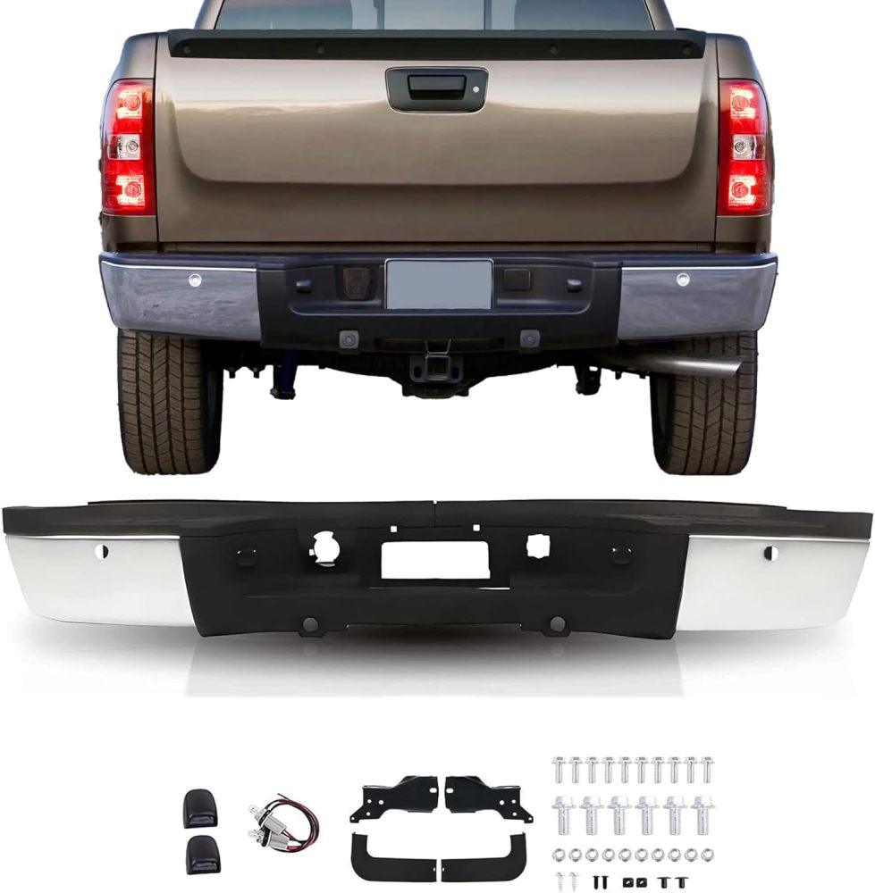 Rear Bumper Assembly Compatible with 2011-2014 Chevy Silverado 2500 HD 3500 HD 11-14 GMC Sierra 2500 HD 3500 HD, Polished Chrome W/Sensor Holes