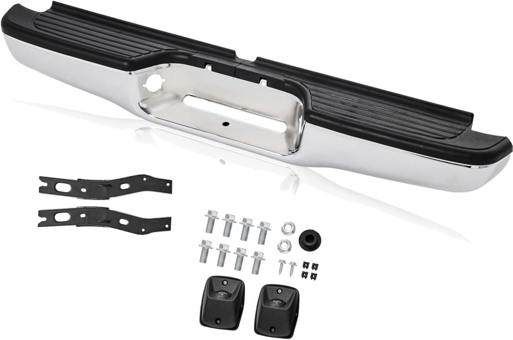 Rear Bumper Assembly Compatible with 1995 1996 1997 1998 2000 2001 2002 2003 2004 Toyota Tacoma Carbon Steel, Polished Chrome