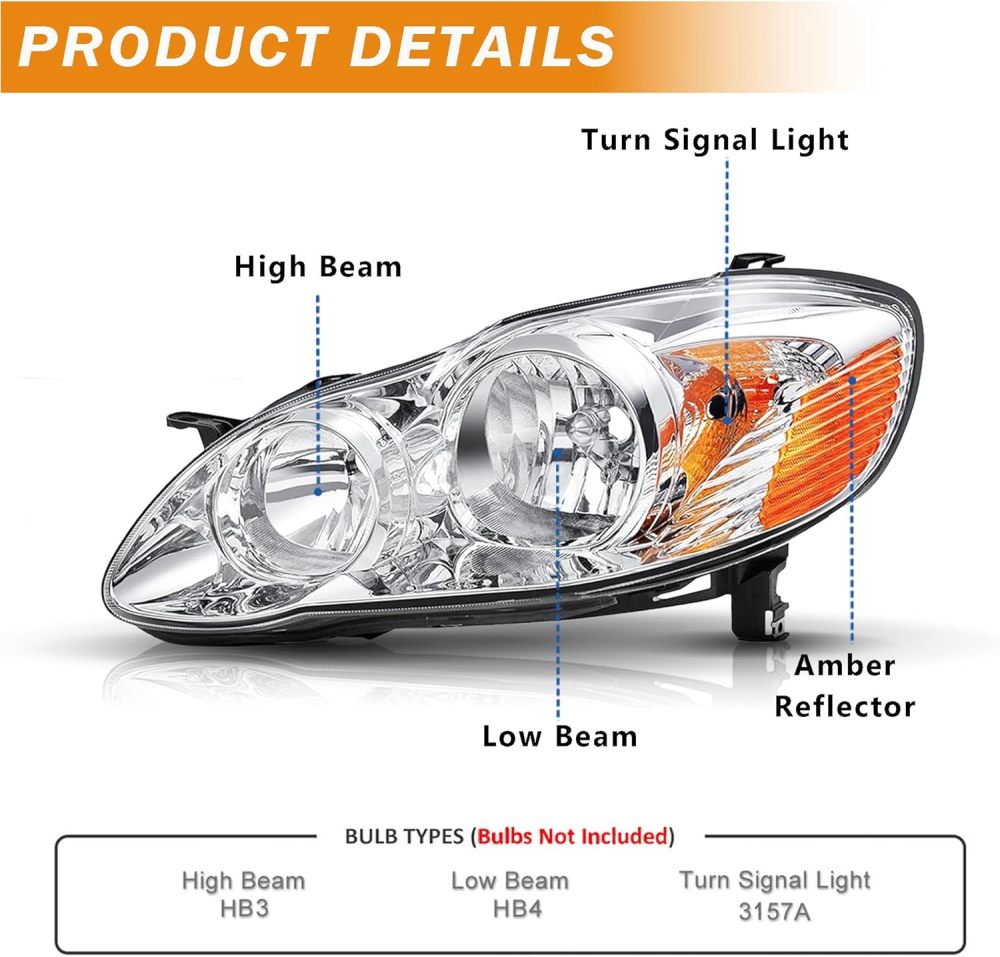Headlights Tail Lights Assembly Combo Compatible with 2003-2008 Toyota Corolla, Chrome Housing Amber Headlights+ Red Tail Lights