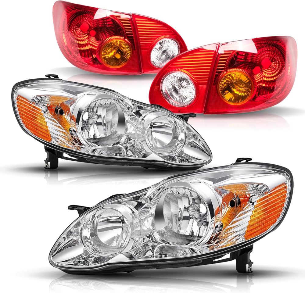 Headlights Tail Lights Assembly Combo Compatible with 2003-2008 Toyota Corolla, Chrome Housing Amber Headlights+ Red Tail Lights