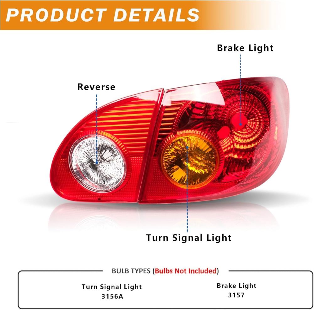 Headlights Tail Lights Assembly Combo Compatible with 2003-2008 Toyota Corolla, Chrome Housing Amber Headlights+ Red Tail Lights