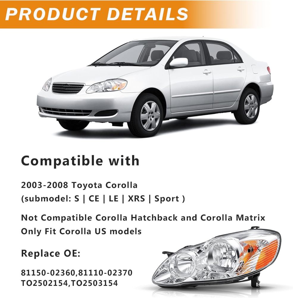 Headlights Tail Lights Assembly Combo Compatible with 2003-2008 Toyota Corolla, Chrome Housing Amber Headlights+ Red Tail Lights
