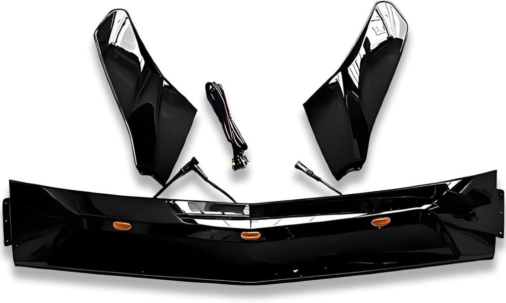 Front Bug Shield Hood Deflector Protector compatibel with 2014 2015 2016 Mercedes Sprinter W906 Tape On 3Pcs, Gloss Black with LED