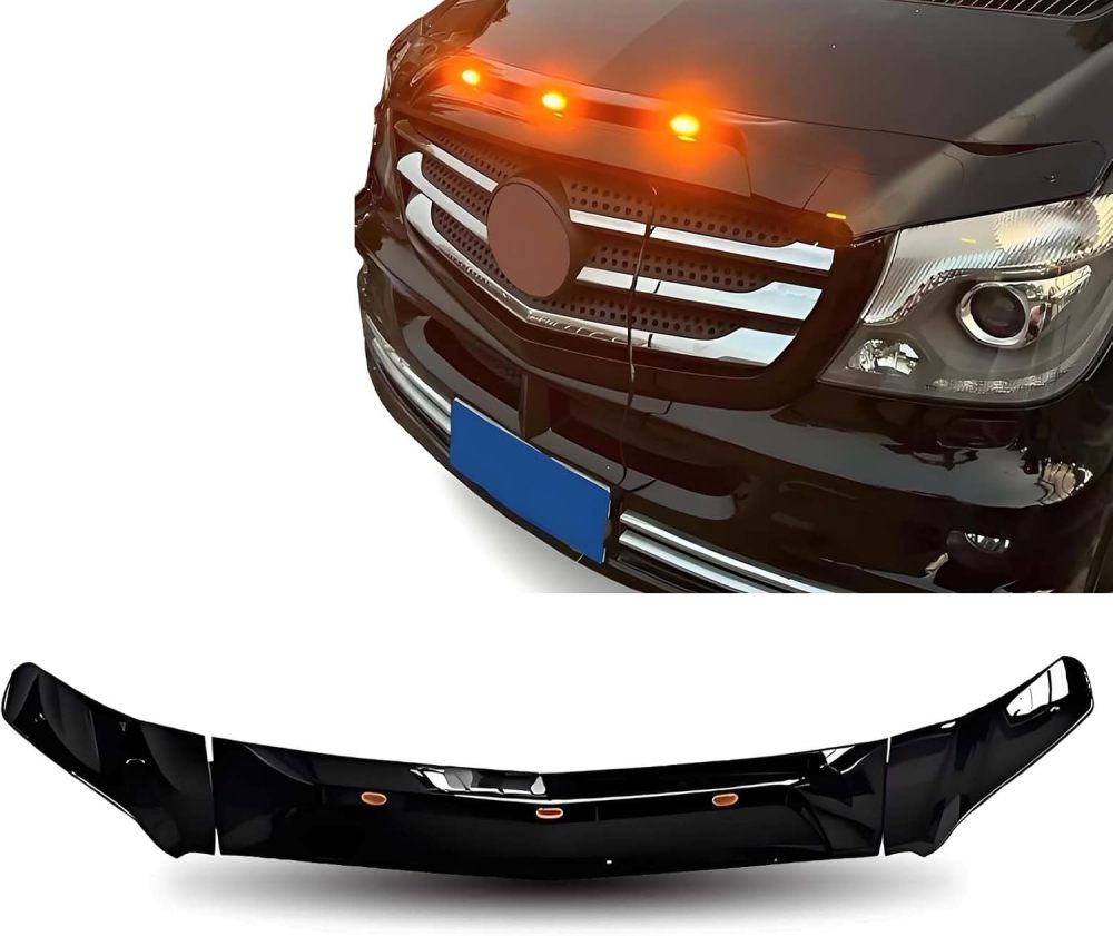 Front Bug Shield Hood Deflector Protector compatibel with 2014 2015 2016 Mercedes Sprinter W906 Tape On 3Pcs, Gloss Black with LED