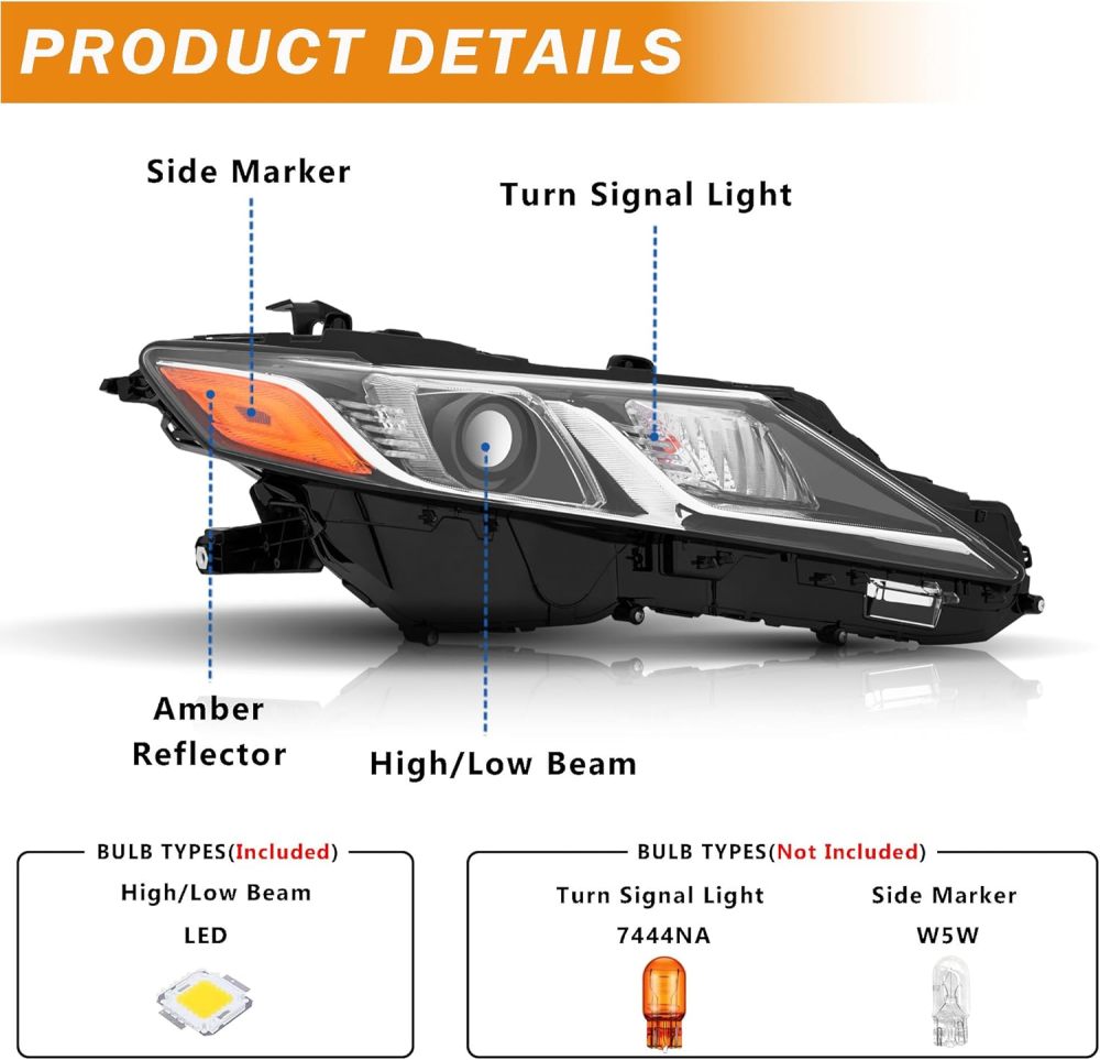 Headlights Assembly Compatible with 2018 2019 2020 2021 2022 2023 2024 Toyota Camry L LE SE HeadLamps Passenger Side, Chrome Housing Amber
