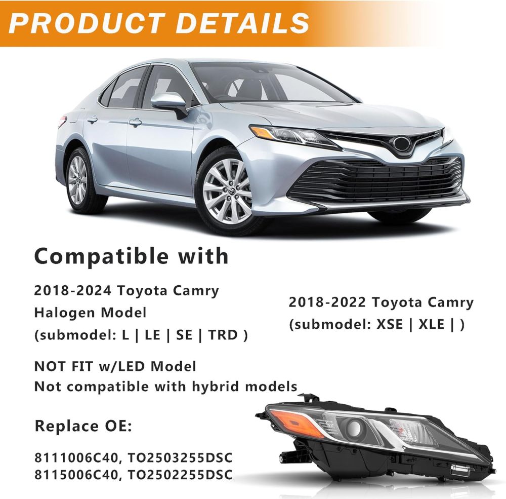 Headlights Assembly Compatible with 2018 2019 2020 2021 2022 2023 2024 Toyota Camry L LE SE HeadLamps Passenger Side, Chrome Housing Amber