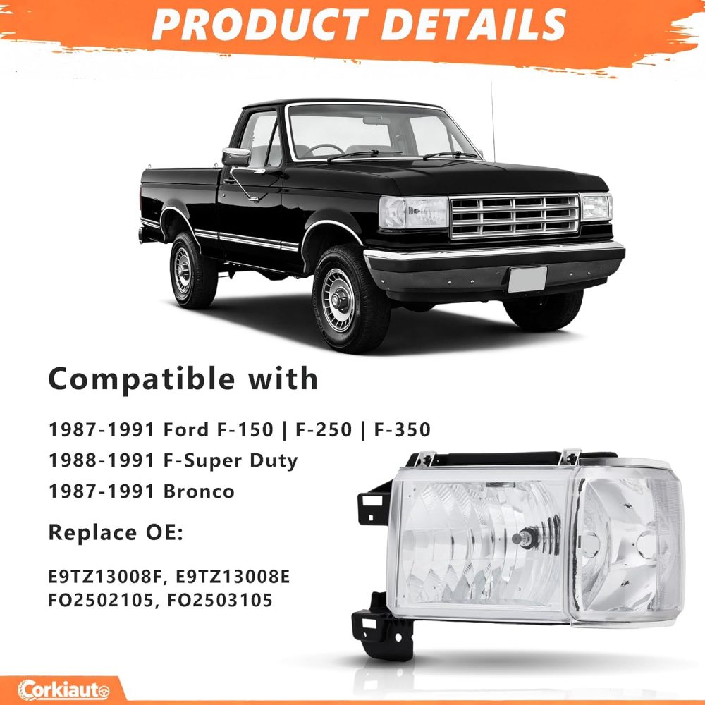 Headlight Assembly Compatible With 1987 1988 1989 1990 1991 Ford Bronco F150 F250 F350 F450 Replacement Headlamp, Driver Passenger Side Chrome Housing Clear Reflector