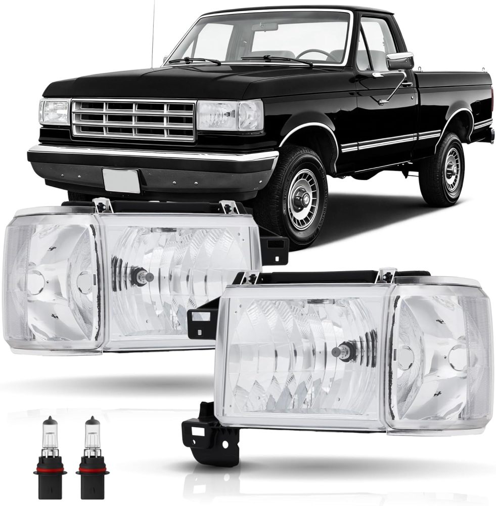 Headlight Assembly Compatible With 1987 1988 1989 1990 1991 Ford Bronco F150 F250 F350 F450 Replacement Headlamp, Driver Passenger Side Chrome Housing Clear Reflector