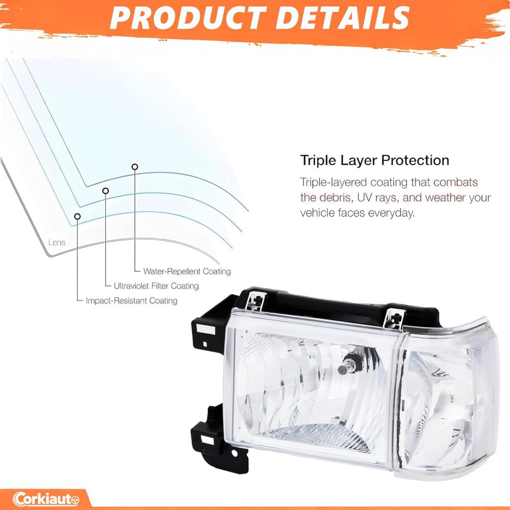 Headlight Assembly Compatible With 1987 1988 1989 1990 1991 Ford Bronco F150 F250 F350 F450 Replacement Headlamp, Driver Passenger Side Chrome Housing Clear Reflector