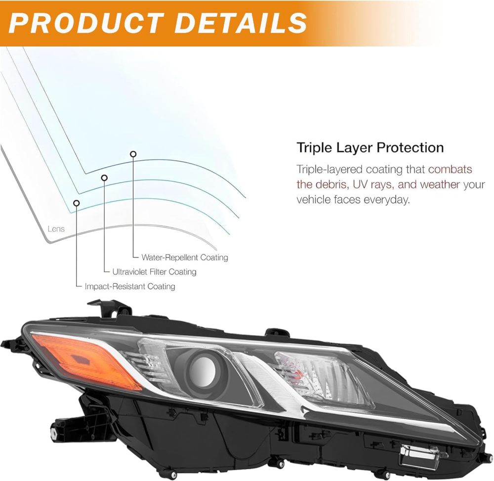 Headlights Assembly Compatible with 2018 2019 2020 2021 2022 2023 2024 Toyota Camry L LE SE HeadLamps Passenger Side, Chrome Housing Amber