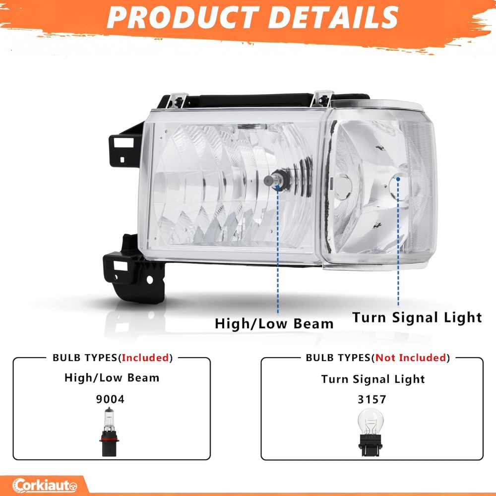 Headlight Assembly Compatible With 1987 1988 1989 1990 1991 Ford Bronco F150 F250 F350 F450 Replacement Headlamp, Driver Passenger Side Chrome Housing Clear Reflector
