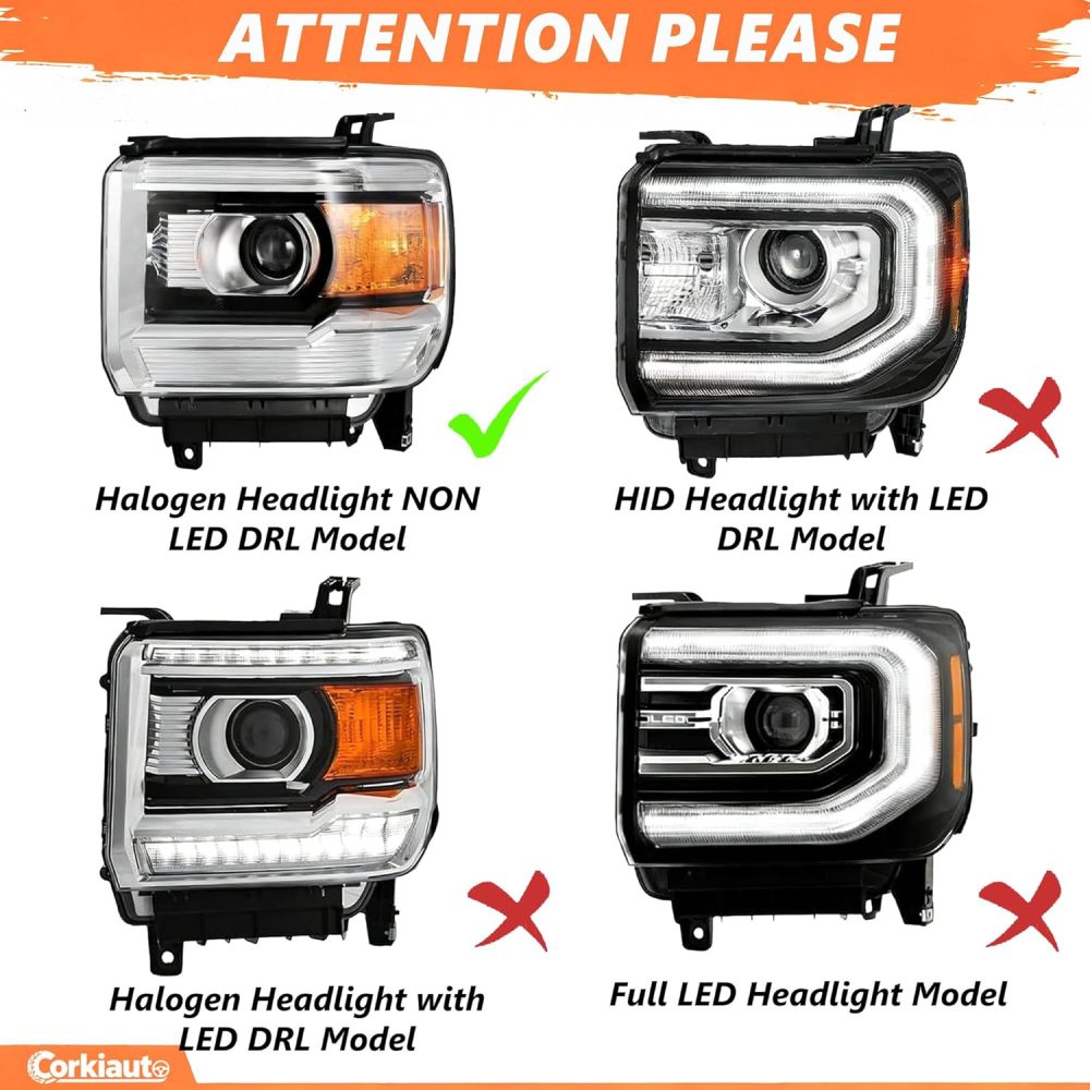 Headlight Assembly For 2014 2015 2016 2017 2018 GMC Sierra 1500, For 2015-2019 GMC Sierra 2500HD 3500HD Headlamp Driver Passenger Side Amber Side