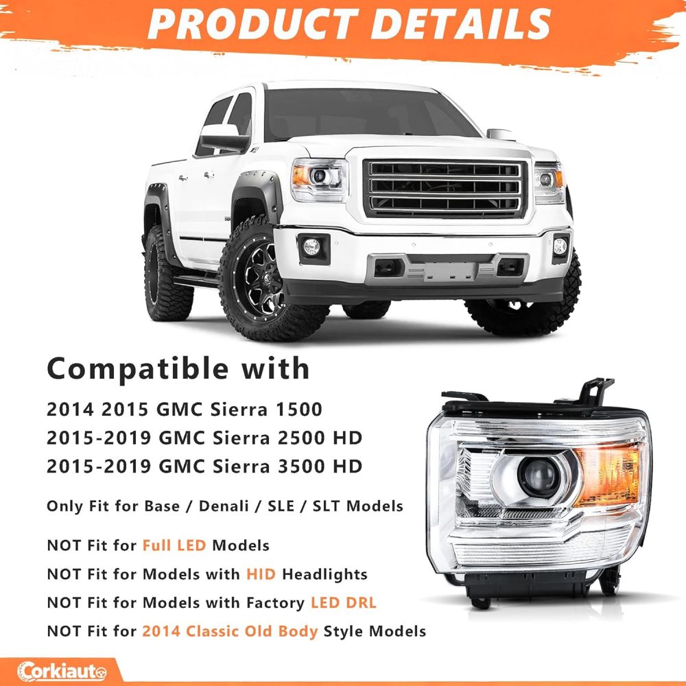 Headlight Assembly For 2014 2015 2016 2017 2018 GMC Sierra 1500, For 2015-2019 GMC Sierra 2500HD 3500HD Headlamp Driver Passenger Side Amber Side