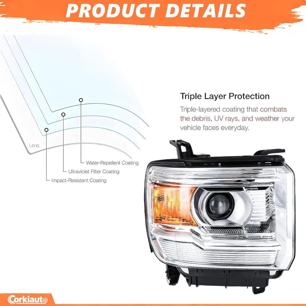 Headlight Assembly For 2014 2015 2016 2017 2018 GMC Sierra 1500, For 2015-2019 GMC Sierra 2500HD 3500HD Headlamp Driver Passenger Side Amber Side