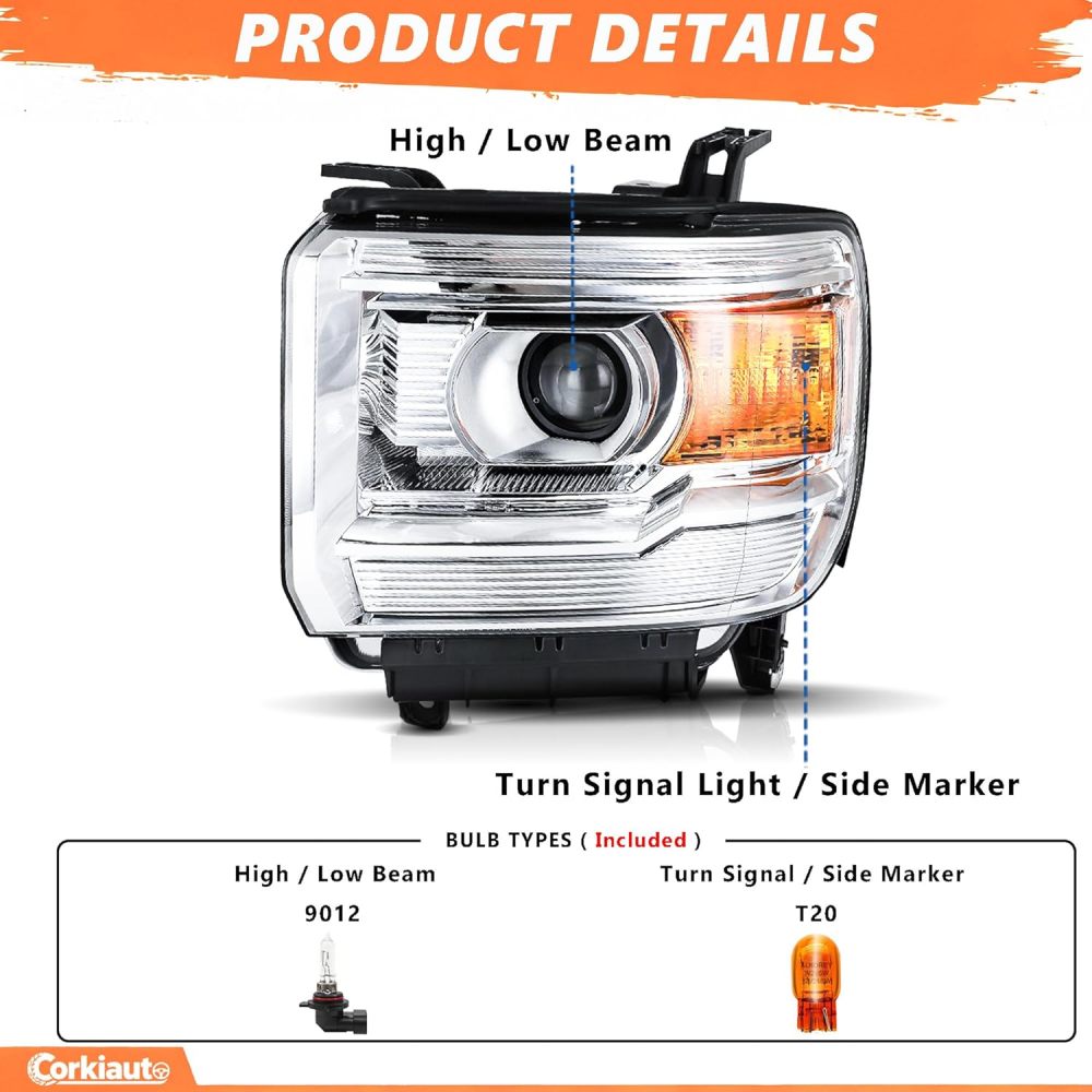 Headlight Assembly For 2014 2015 2016 2017 2018 GMC Sierra 1500, For 2015-2019 GMC Sierra 2500HD 3500HD Headlamp Driver Passenger Side Amber Side