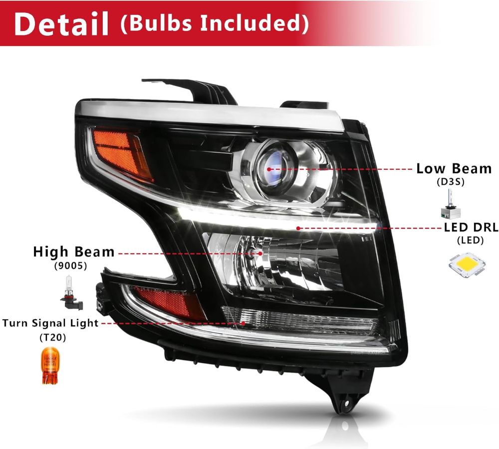 HID Headlight Compatible with 2015 2016 2017 2018 2019 2020 Chevy Tahoe Suburban Projector Head Lamps W/Bulbs, Passenger Right Side RH