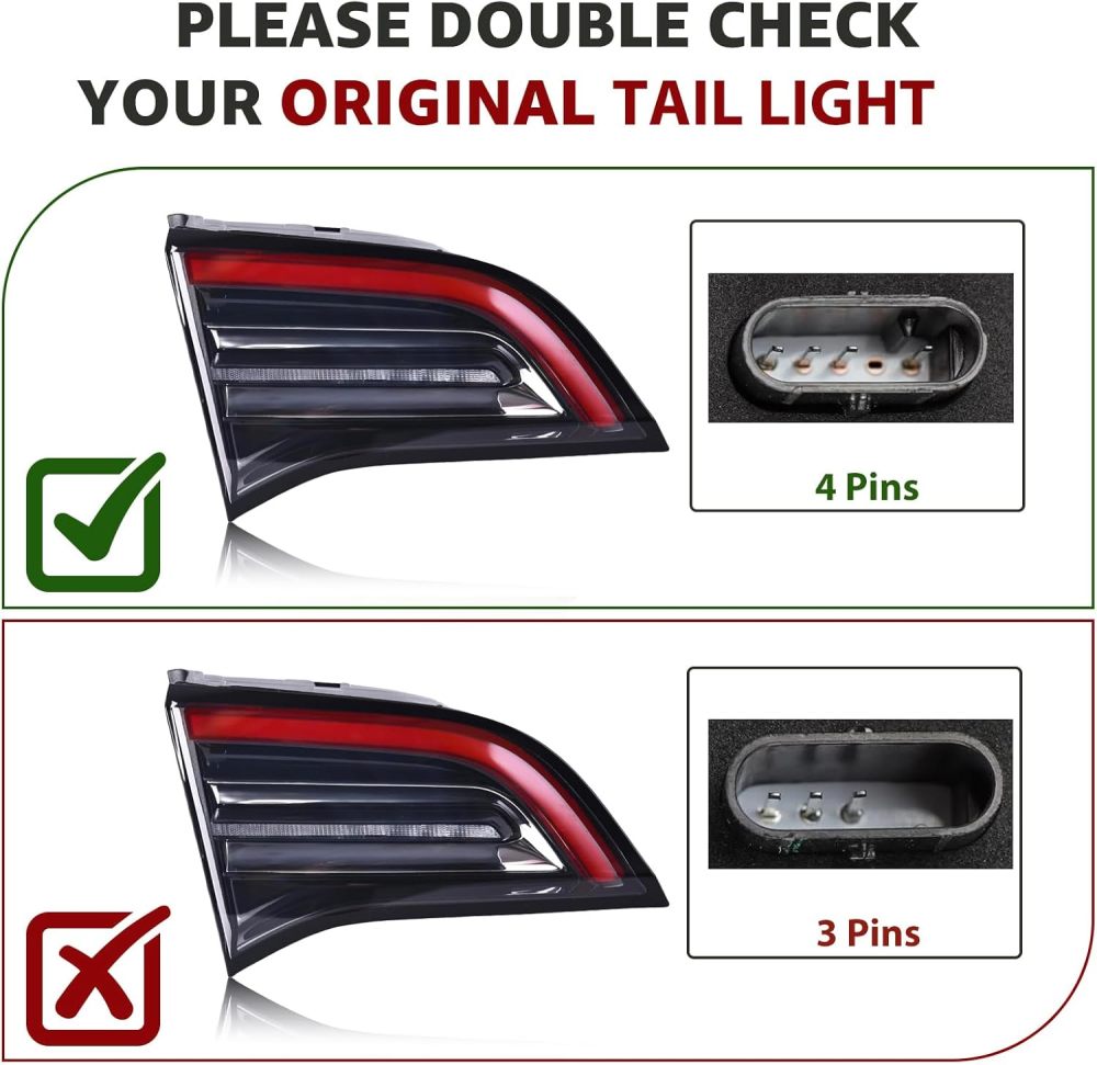 4 Pins LED Inner Tail Lights Assembly Compatible with 2018 2019 2020 2021 2022 2023 Tesla Model 3, 2020-2024 Tesla Model Y, Replacement Driver Side Rear Lamp Brake Light