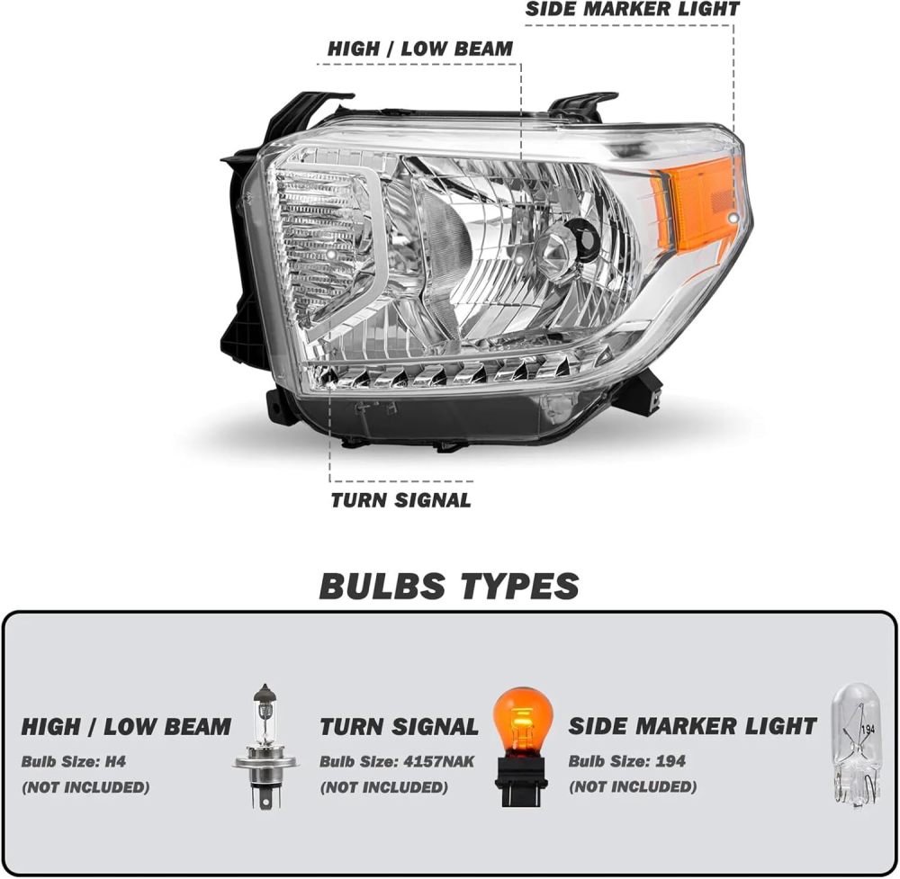 Compatible with 2014 2015 2016 2017 2018 2019 2020 2021 Toyot Tundra 2014-2021 Headlights Head Lights Assembly Chrome Housing Amber Corner W/O LED DRL Left Right Pair TO2502235 TO2503235