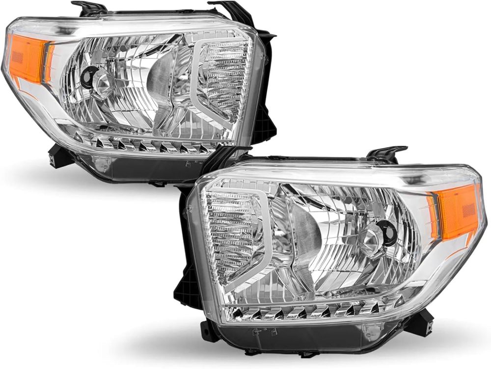 Compatible with 2014 2015 2016 2017 2018 2019 2020 2021 Toyot Tundra 2014-2021 Headlights Head Lights Assembly Chrome Housing Amber Corner W/O LED DRL Left Right Pair TO2502235 TO2503235