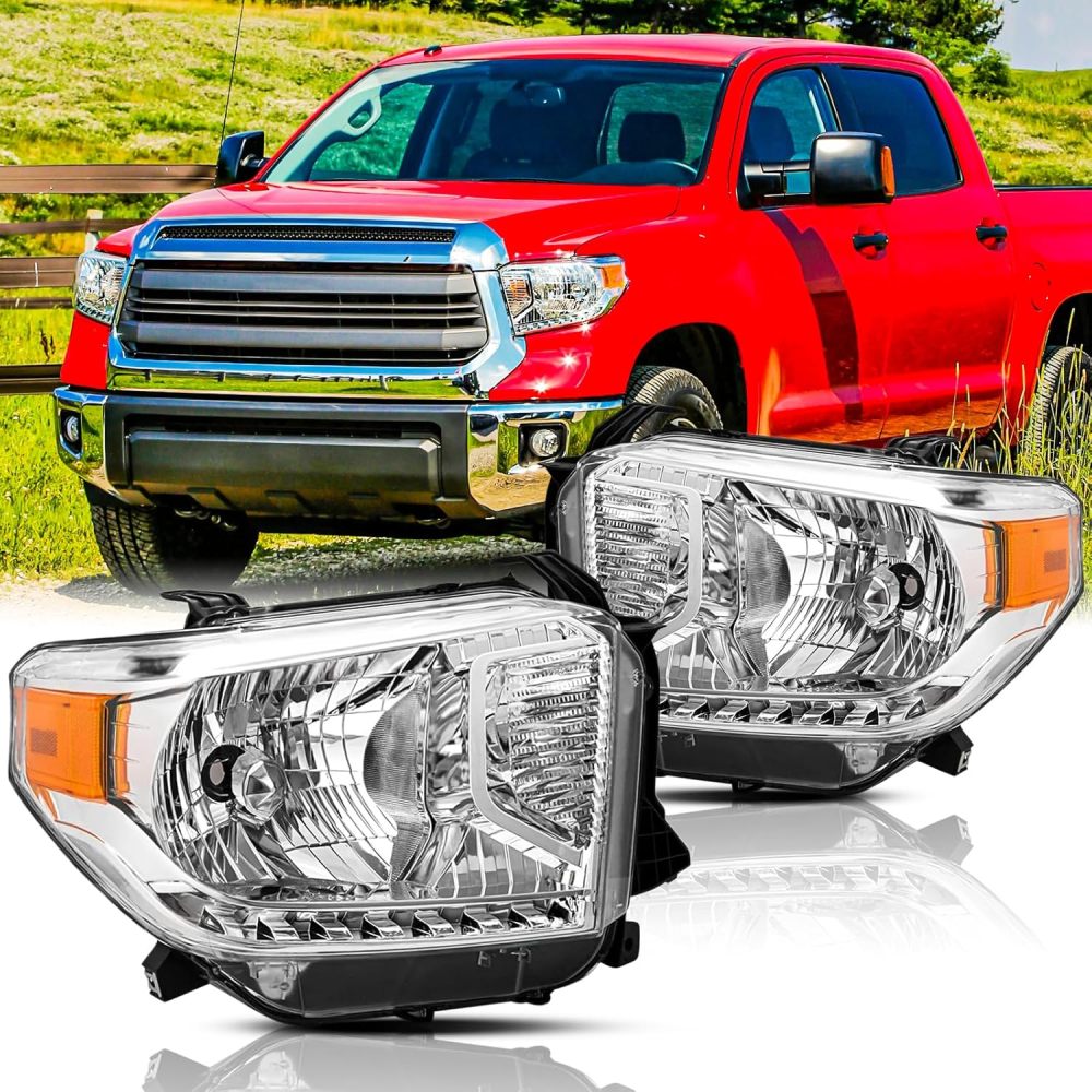Compatible with 2014 2015 2016 2017 2018 2019 2020 2021 Toyot Tundra 2014-2021 Headlights Head Lights Assembly Chrome Housing Amber Corner W/O LED DRL Left Right Pair TO2502235 TO2503235