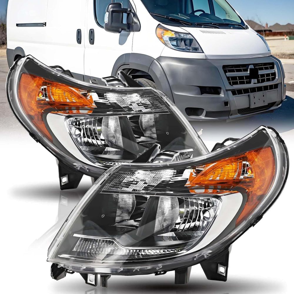Headlights Assembly W/O DRL Compatible with 2014-2022 RAM ProMaster 1500 2500 3500 for 5 pins Halogen Head Lamps Chrome Housing Amber Reflector, Replacement for 4725945AE, 4725944AE