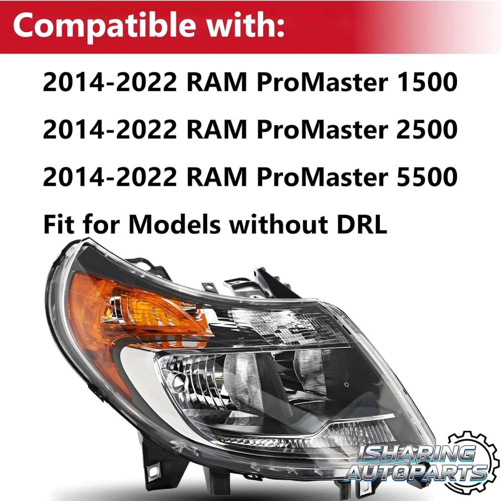 Headlights Assembly W/O DRL Compatible with 2014-2022 RAM ProMaster 1500 2500 3500 for 5 pins Halogen Head Lamps Chrome Housing Amber Reflector, Replacement for 4725945AE, 4725944AE