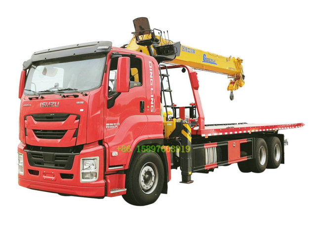 380HP 10Wheels ISUZU FVR VC66 Reinforced Heavy-Duty Truck 8.6m Flatbed Tow Road Wrecker Car Carriers Road Wrecker Truck Mounted XCMG SQS350-5 14Tons Mobile Lifting Crane