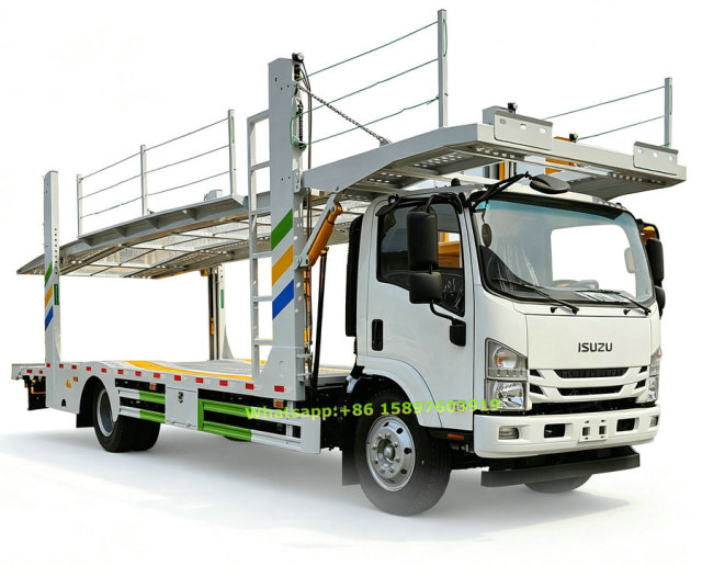 Isuzu ELF KV100 double deck car carrier truck, white cab with two-layer vehicle transport frame