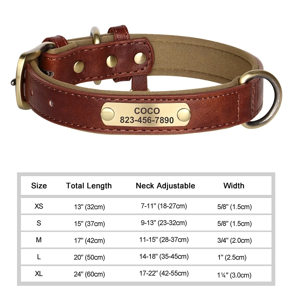 Personalized Customized Leather ID Nameplate Dog Collar Soft Padded Dogs Collars Free Engraving Name for Small Medium Large Dogs
