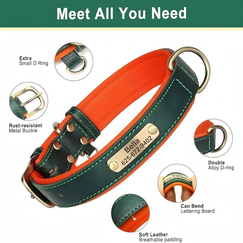 Personalized Customized Leather ID Nameplate Dog Collar Soft Padded Dogs Collars Free Engraving Name for Small Medium Large Dogs
