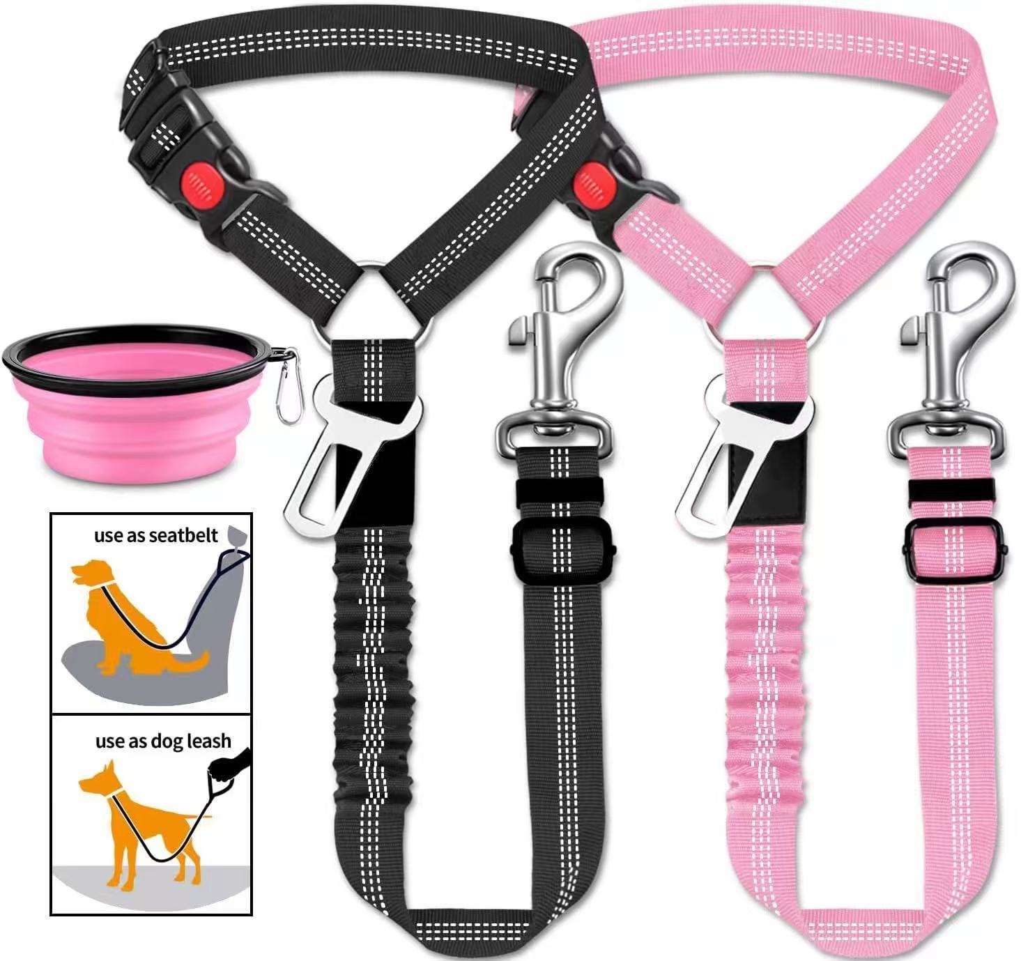 3 Piece Dog Car Seat Belt Set - Retractable Adjustable Pet Seatbelts for Vehicle Headrests - Heavy Duty, Elastic & Durable Car Harness for Dogs