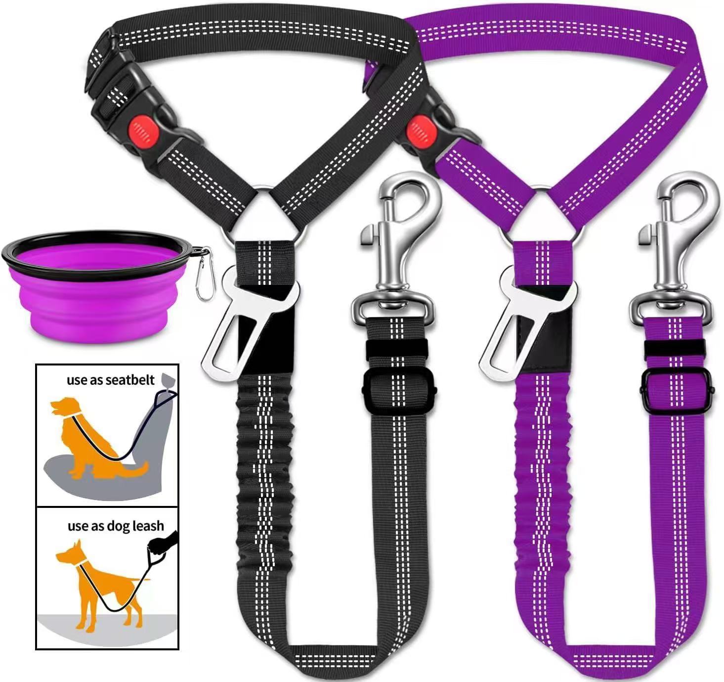 3 Piece Dog Car Seat Belt Set - Retractable Adjustable Pet Seatbelts for Vehicle Headrests - Heavy Duty, Elastic & Durable Car Harness for Dogs